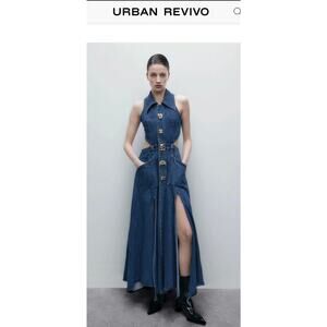 Urban Revivo Denim Cut-Out Maxi Dress US 2 High Slit Button Front Brand New